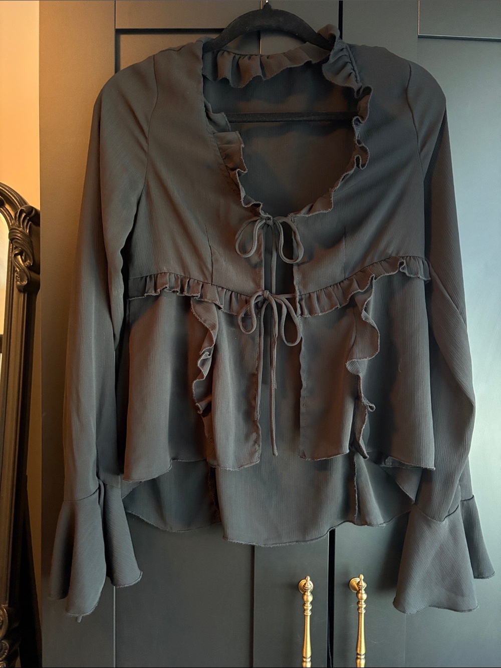 Black Ruffle Tie-Front Blouse